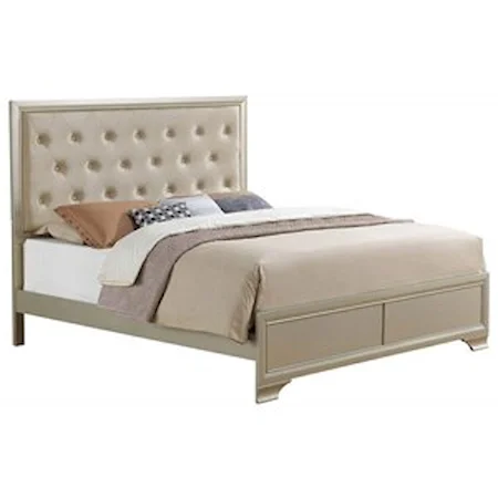 Glam Queen Size Upholstered Bed with Faux Crystal Buttons
